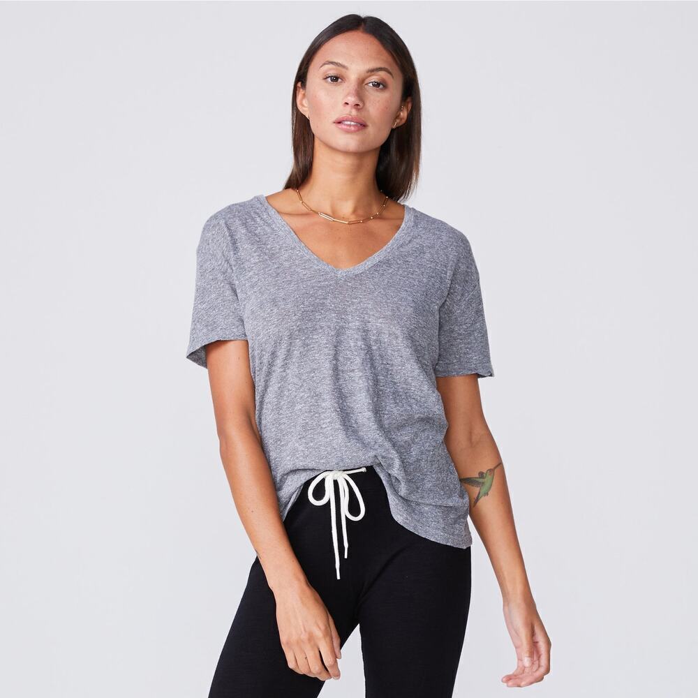 MONROW Women's Gray Textured Tri-Blend Relaxed V Neck Tee T-Shirt Size XL NWOT